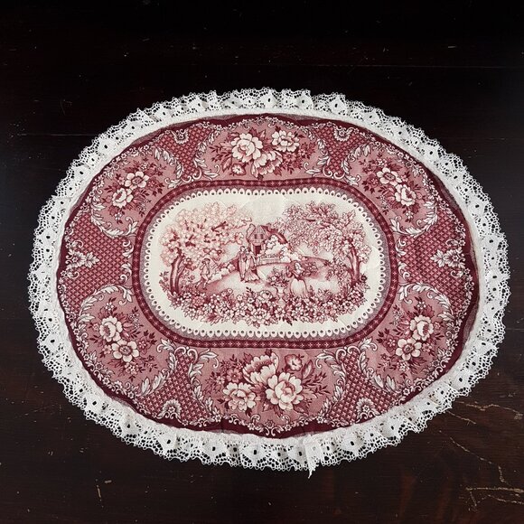 4pc Vintage Oval Quilted Toile Fabric Placemats Set - Picture 1 of 11